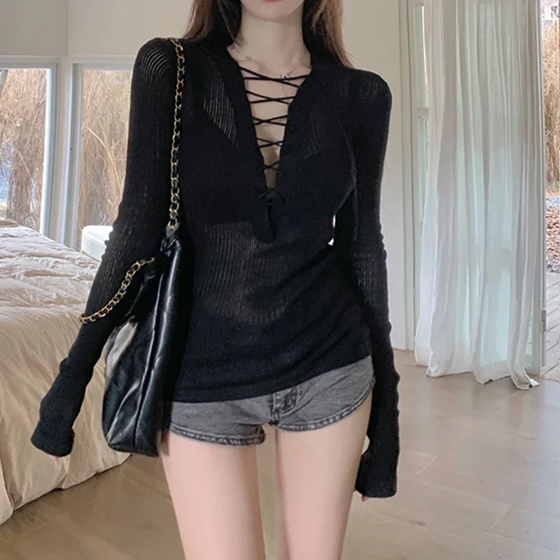 المرأة الدانتيل متابعة مضلع متماسكة كم طويل المحاصيل سترة متقاطع الخامس الرقبة المجهزة البلوز في سن المراهقة فتاة مثير نادي الخريف الشتاء الزي #6