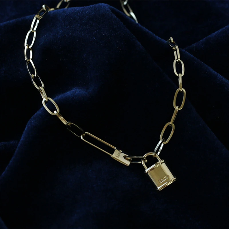 Clavicle Chain with Lock Necklace for Women Padlock Pendant  High Quality Titanium Steel Plated 18K Gold Choker Fashion Jewelry