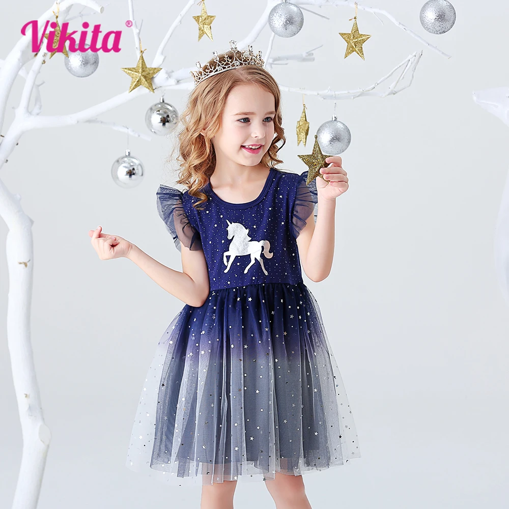 VIKITA Girls Dresses 2022 Girls Sequins Sleeveless Dresses Kids Elegant Cute Princess Tutu Vestidos Children Summer Tulle Dress