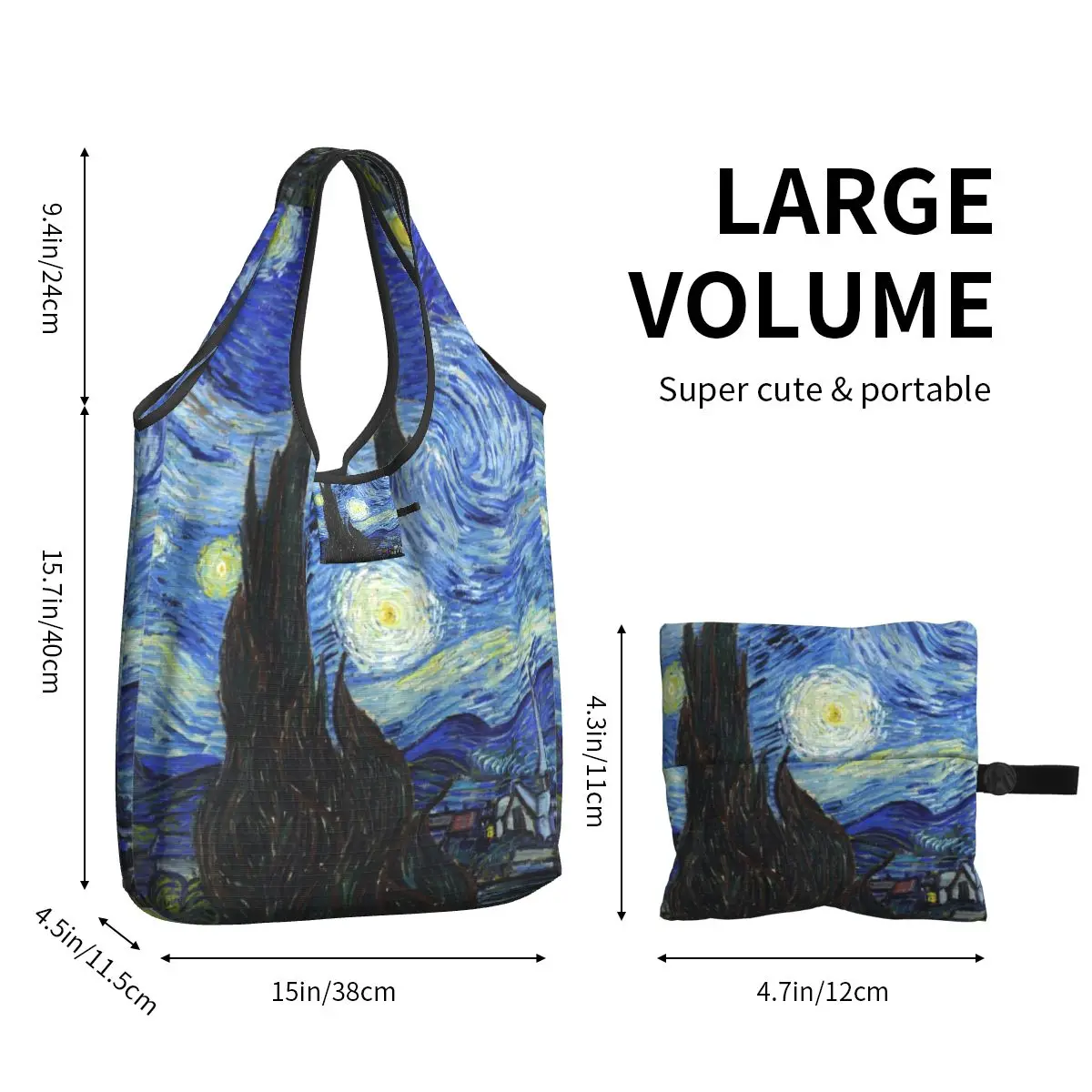 Reusable Vincent Van Gogh Starry Night Grocery Bag Foldable oil Painting Shopping Bag Large Eco Storage Bag Attached Pouch