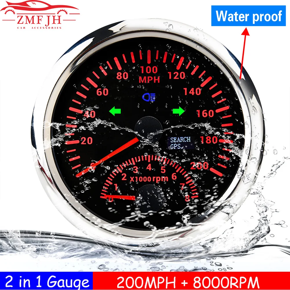 

Waterproof New Red LED 2 In 1 GPS Speedometer Gauge 200MPH Speed Odometer Meter Tachometer 8000RPM with Indication Light for Car