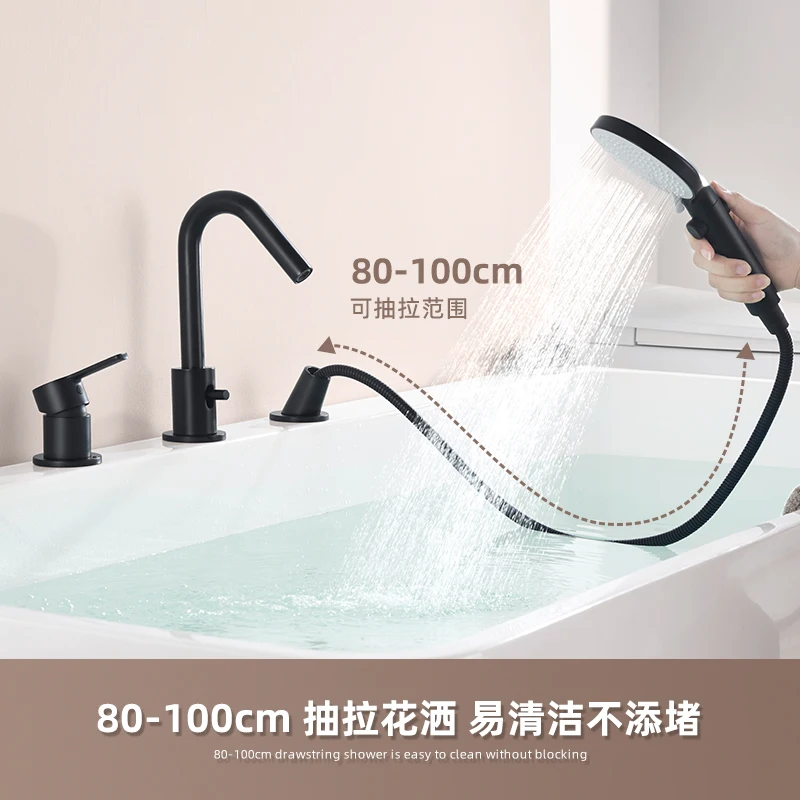 3 Hole Round Shape Big Flow Rate Deck Mount Bathtub Faucet Set With Pull Out Shower Head In Chrome And Matte Black view 5