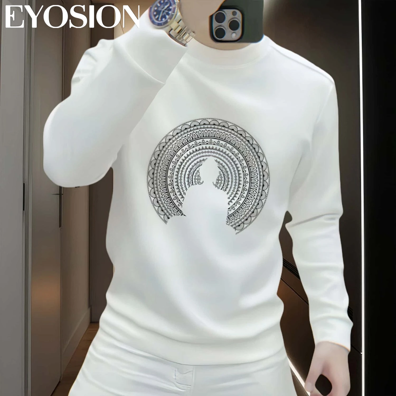 Winter Men's Sportswear Sweatshirt Letter Printed Hoodie Buddha Idol Print Pullover Round Neck men Thicken Top Tee 5XL