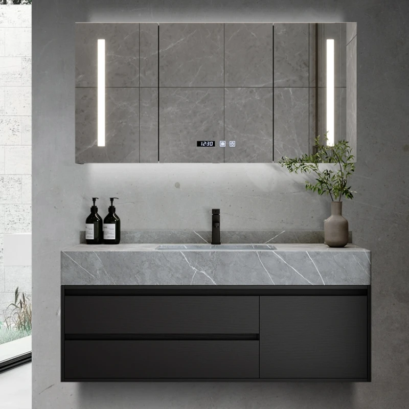 

Rock Panel Bathroom Cabinet Combination Modern Light Luxury Washbasin Ceramic Seamless Basin Integrated Home Furniture Storage