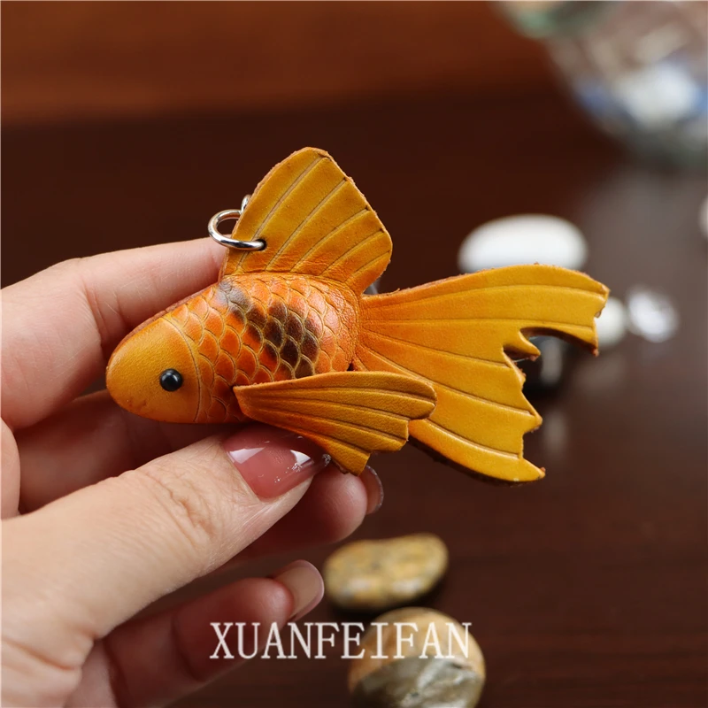 Cowhide Small Goldfish Bag Charm Keychain Pure Handmade Small Red Fish Small Yellow Fish Bag Hanging Key Chain Koi