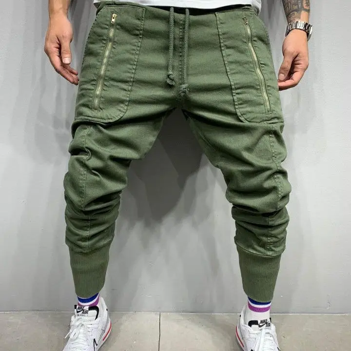 Men Casual Work Trousers Patch Pocket Tether Elastic Sports Foot Pants