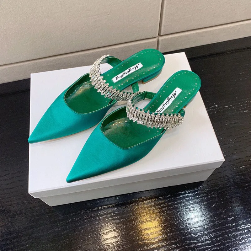Women\'s 2022 Pump Summer New Rhinestone Chain Slippers High Heels Stiletto Pointed Shallow Mouth Silk Sandals Outer Wear