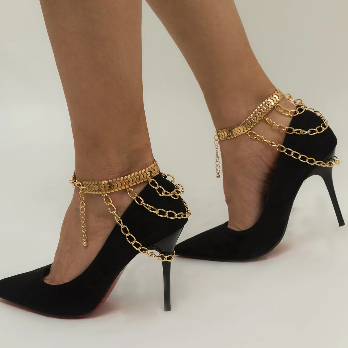 High Heels Tassel Chain Simple Flat Snake Chain Metal Shoelace Exaggerated Personality Multi-layered Geometric Anklet Accessory