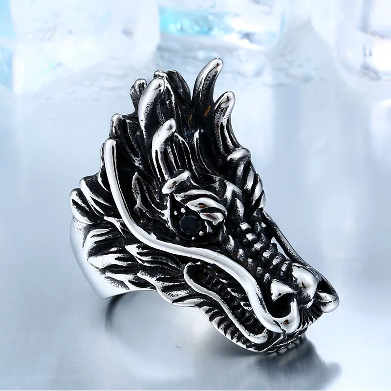 BEIER 316L Stainless Steel Dragon Head Ring With Black Red Eyes Ring Biker Rock Personality Animal Jewelry