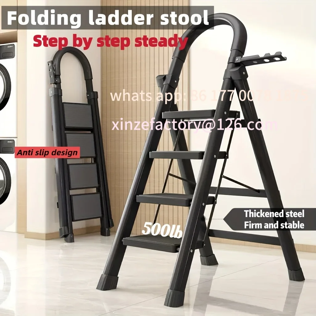 Customizable 1pc Heavy-Duty 3/4/5-Step Folding Ladder 500lb Capacity,SpacesavingSteps,HighcapacityLadder,Collapsible Ladder
