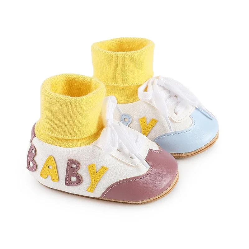 Newborn Baby Shoes Sneakers Baby Girl Boy Cartoon Letters Kids Shoes Socks Infant Toddler Non Slip Rubber Sole Sports Shoes