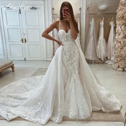 Lhuilier Customized Women's Mermaid Lace Wedding Dresses Sleeveless Lace Appliques Beaded Bridal Gown with Detachable Train