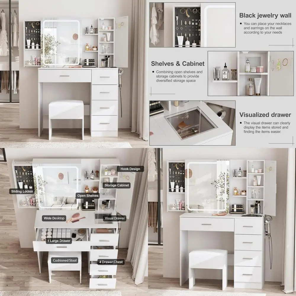 White Vanity Desk with Mirror, Lights, and Power Strip, Makeup Table Set with Sliding Storage and 5 Drawers & Shelves