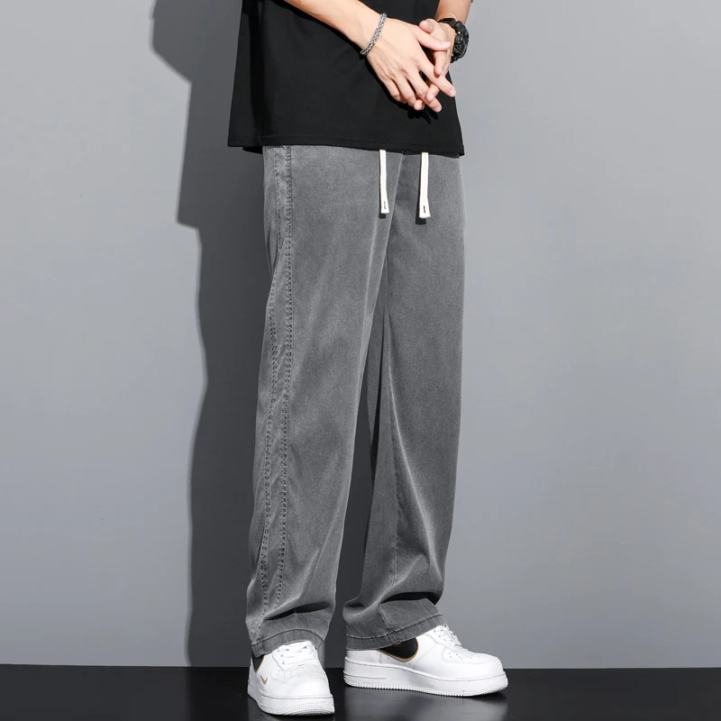 2024 Summer Soft Fabric Men's Jeans Thin Loose Straight Pants Drawstring Elastic Waist Korea Casual Trousers Plus Size M-5XL