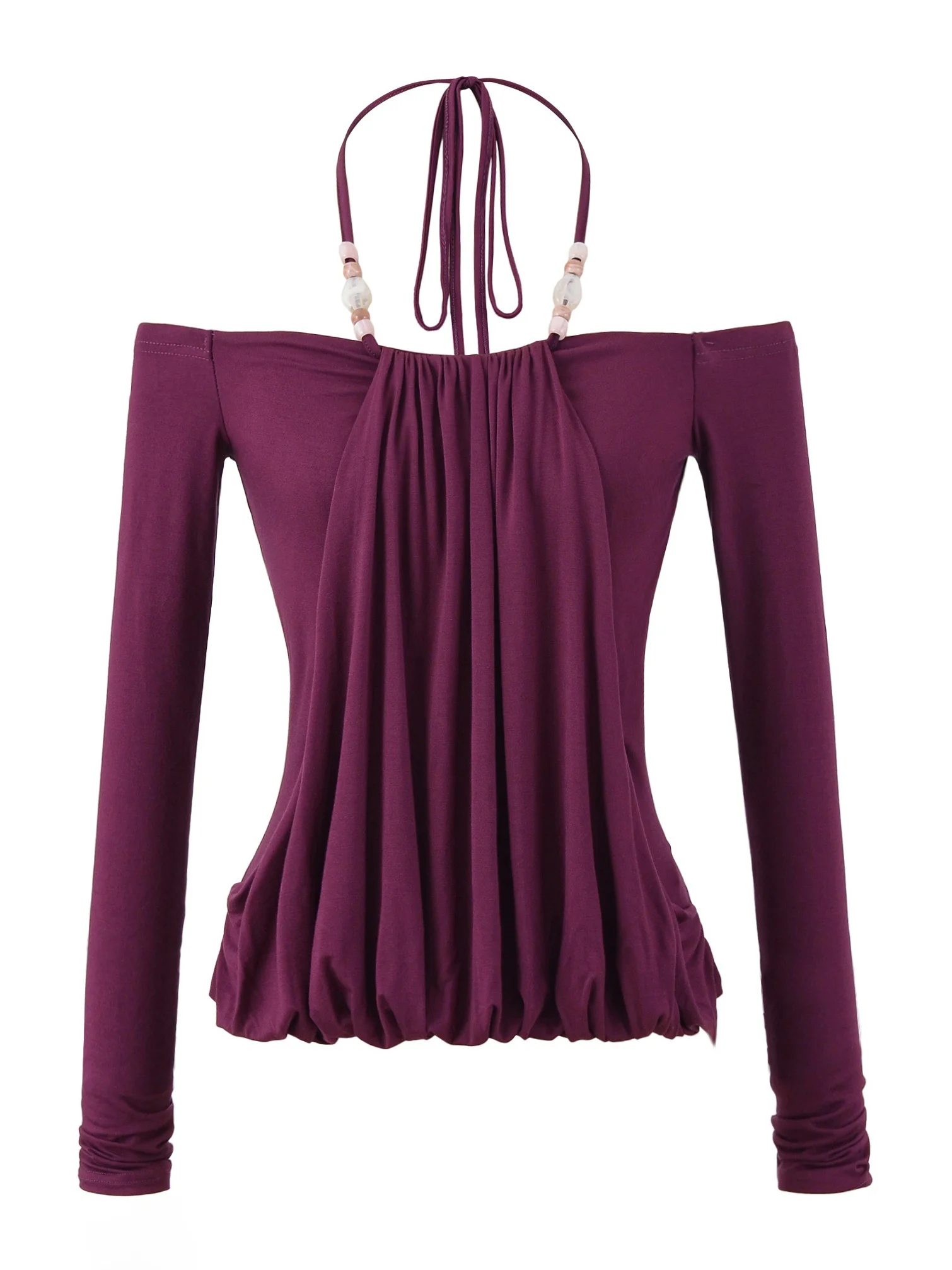 مثير فتاة أمريكية Sle ريترو مطرز مطوي كتف واحد طويل Sve تي شيرت اللف التعرض المنسوجة الأعلى للنساء