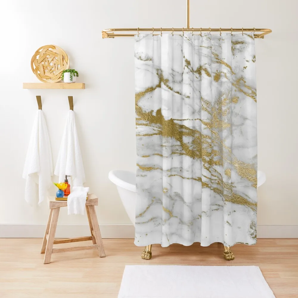 

Gold Veins on Gray and White Faux Marble Shower Curtain For Bathrooms With Beautiful Designs Curtain