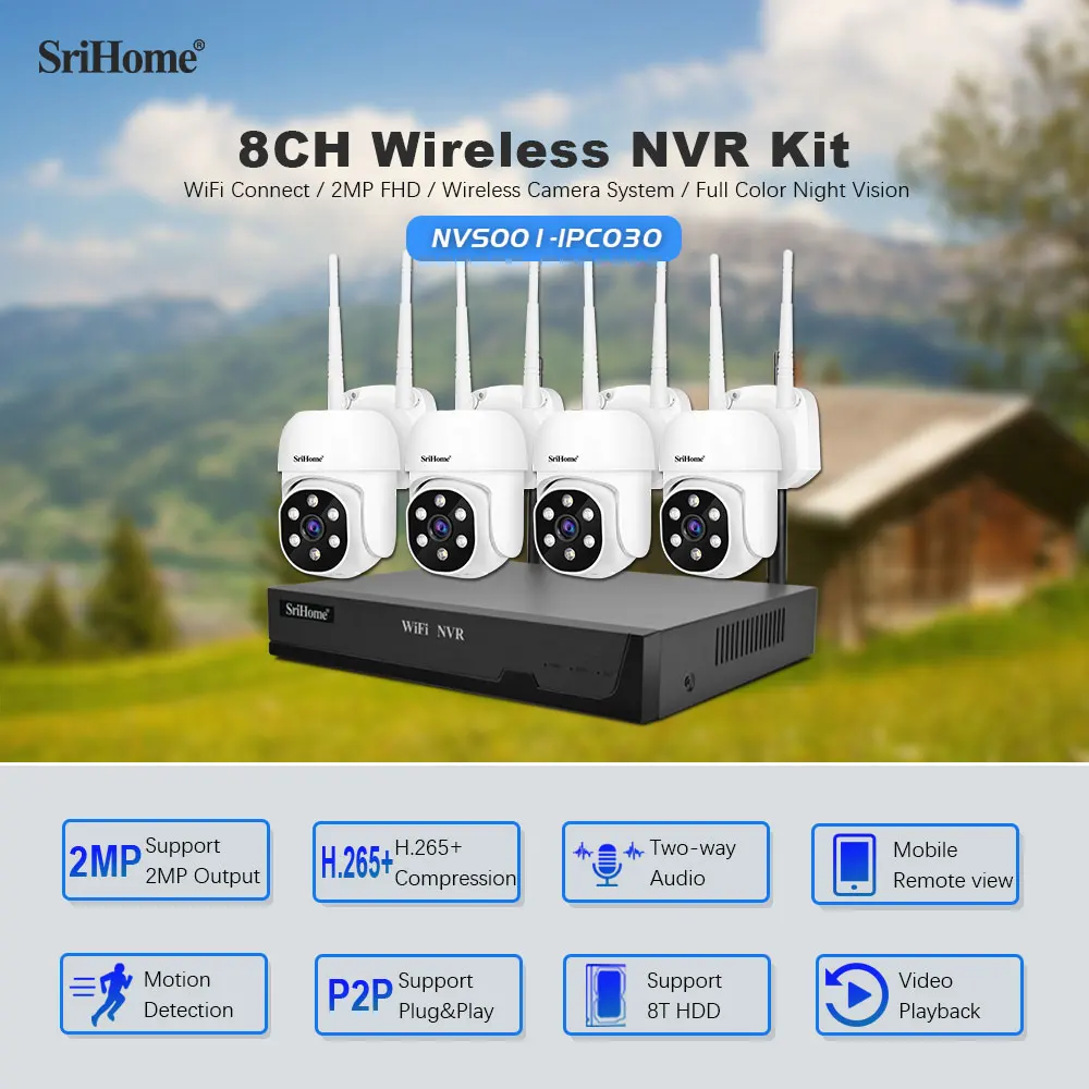 نظام كاميرا الأمن SriHome-POE ، مجموعة المراقبة بالفيديو AI ، 2 طريقة المنزل في الهواء الطلق ، 1080P كاميرا IP ، CCTV Nvr 4 كام مجموعة ، 4CH
