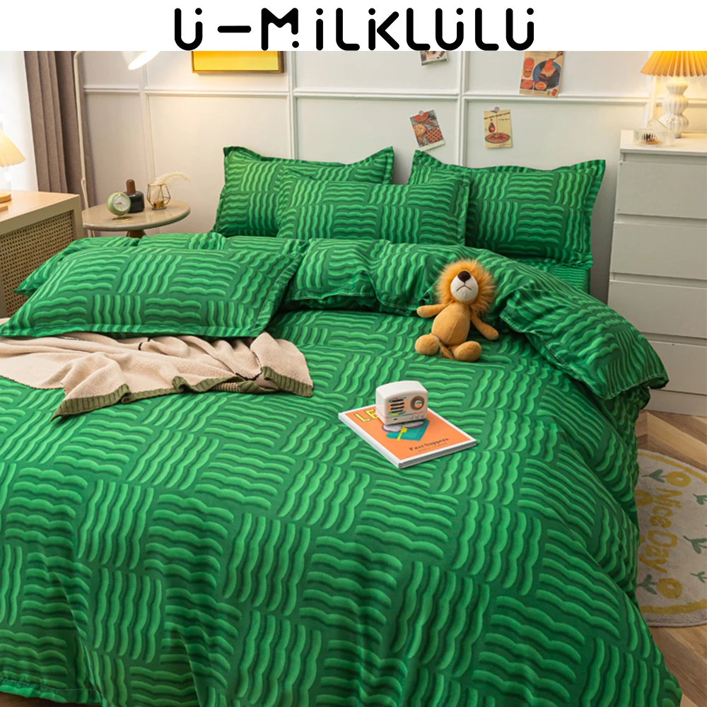 Striped Plaid Pattern Bedding Set Sheet Set Single, Double, Queen, King Size, Elastic Pillowcases, Green Bed Comforters Duvet C