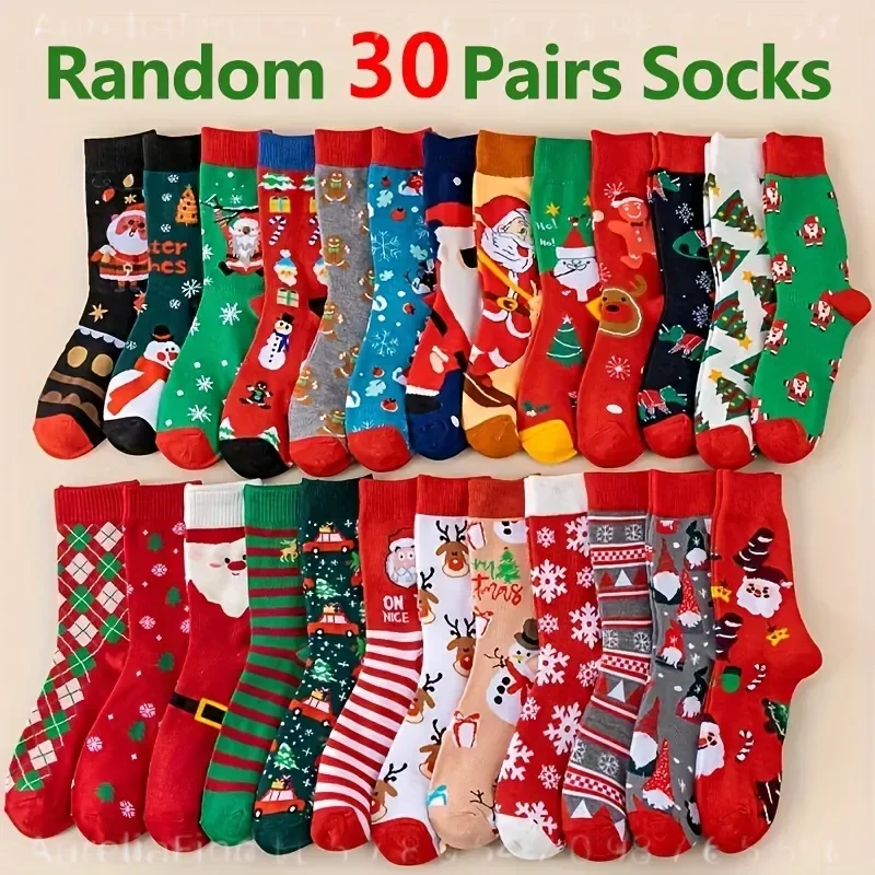 30 Pairs Random Christmas Socks Fun Reindeer Snowflake Santa Claus Tree Gingerbread Cartoon Pattern Warm Holiday Gift for Men