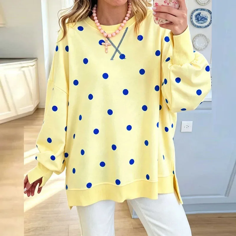 Women Polka Dot Print Sweatshirts O Neck Long Sleeve Loose Side Split Hem Blouse Casual Vacation Office Pullover Fall Daily Tops