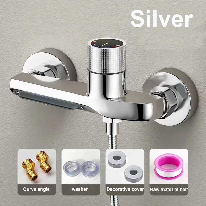 

Wall Mounted Shower Mixer Tap with Dual Outlet Waterfall Spout & Handheld Shower Head Gun Gray Bathroom Faucet