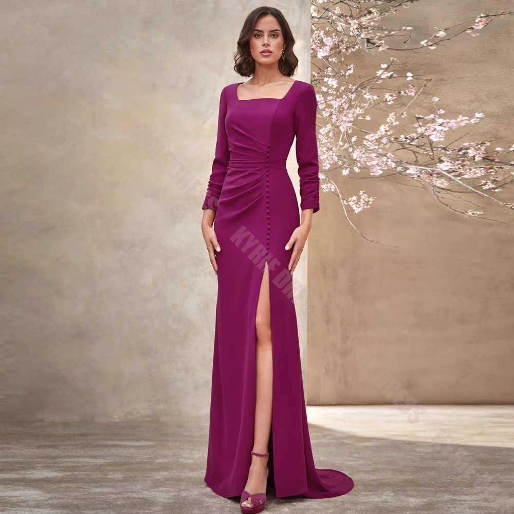 Customized Mother of The Bride Dress Square Neck Full Sleeve Pleated Thigh Slit with Buttons for Wedding Guest Gowns Party Dress