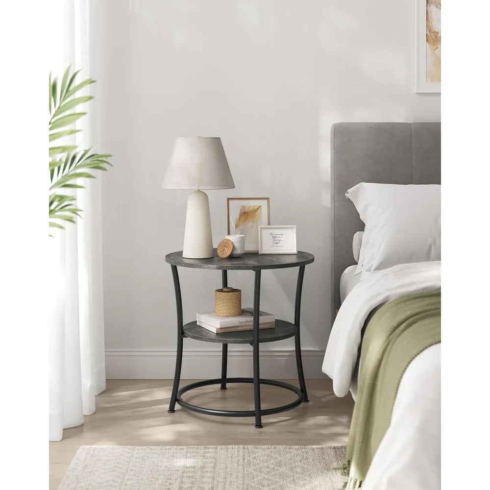 طاولة جانبية مستديرة من طبقتين مع إطار فولاذي للمساحات الصغيرة وغرفة المعيشة وغرفة النوم باللون الرمادي الضبابي والأسود الحبر