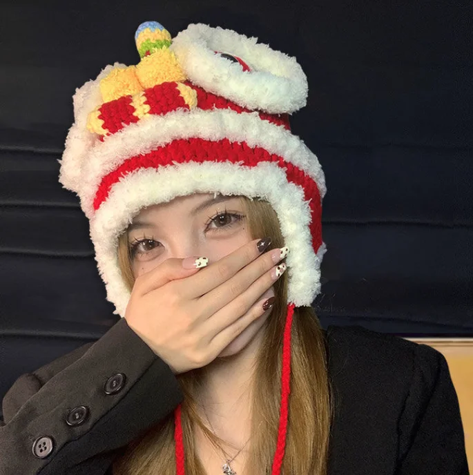 Chinese Style Hand Woven Female Tiger Hat China-Chic New Year Cute Warm Winter Imitate wool hat lion dance cap Student Girl H2
