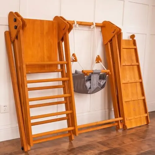 4-in-1 Juniper Outdoor Play Gym - Jungle Gym Playset with Baby Swing, Slide, Ladder, and Clim Wall - Foldable Wooden