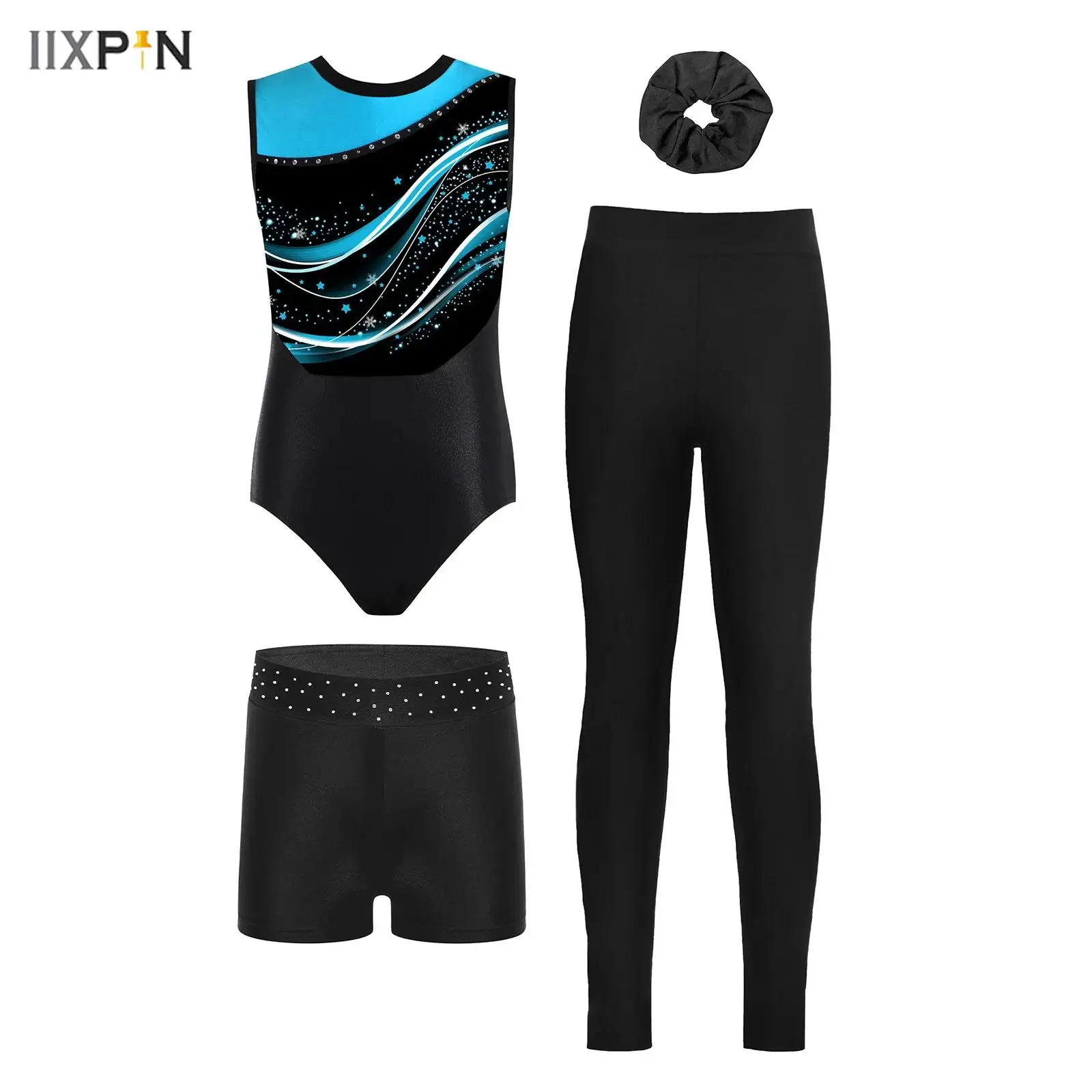 

Kids Girls Acrobatics Gymnastics Dance Outfit Sleeveless Stylish Print Color Block Leotard with Shorts Hair Band and Leggings
