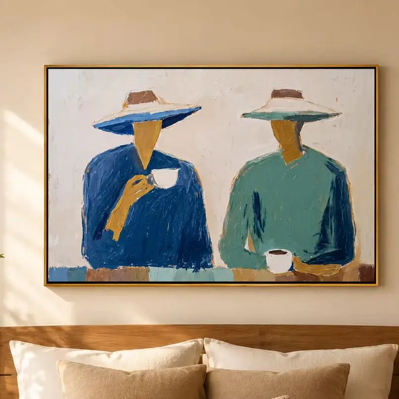 The Coffee Hour – Two Faceless Folk Portraits in Wide-Brim Hats Painting | Minimalist Horizontal Living Room Art