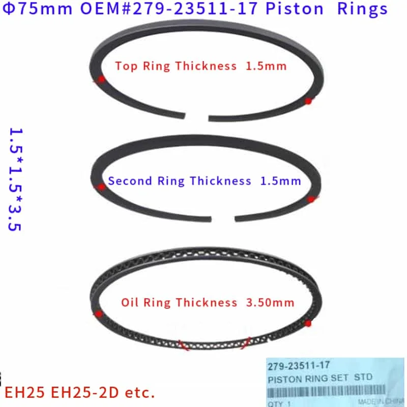 EH25 ORIGINAL PISTON RINGS 75MM 279-2311-17 FOR ROBIN EH25-2D RGV4100 4T 8.5HP GASOLINE ENGINE GENUINE SEGMENTS RING SET REBUILD