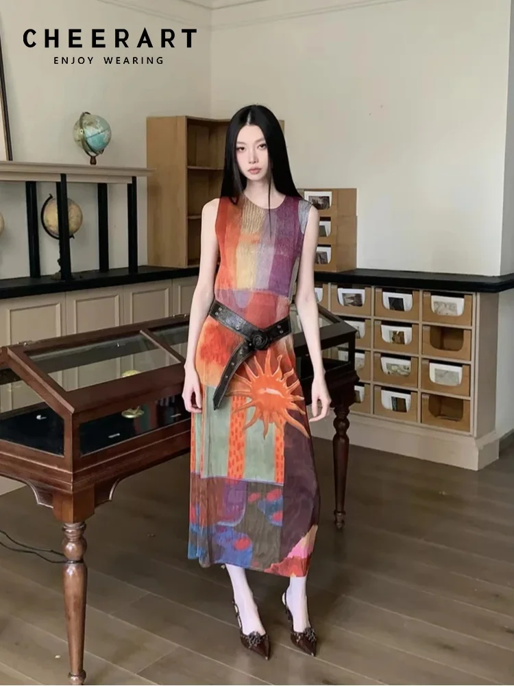 

CHEERART Vintage Pleated Sleeveless Summer Long Dress For Woman Organe Sundress Midi Dress 2026 Abstraction Pattern Design