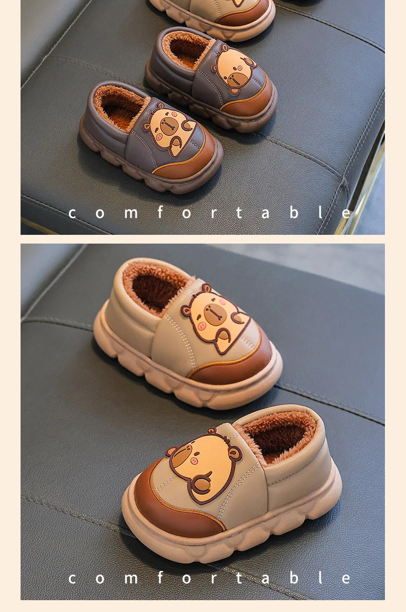 Capybara Herbst Winter kinder Baumwolle Schuhe Mode Warme Plüsch Hause Hausschuhe Frau Im Freien PU Wasserdichte Nicht Slip Stiefel – Detail 9