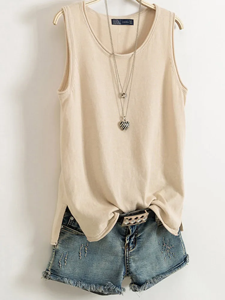 Camisola de algodón y lino para mujer, novedad de verano 2021, camisa baja de punto sin mangas en forma de I, ropa exterior corta, Top holgado liso