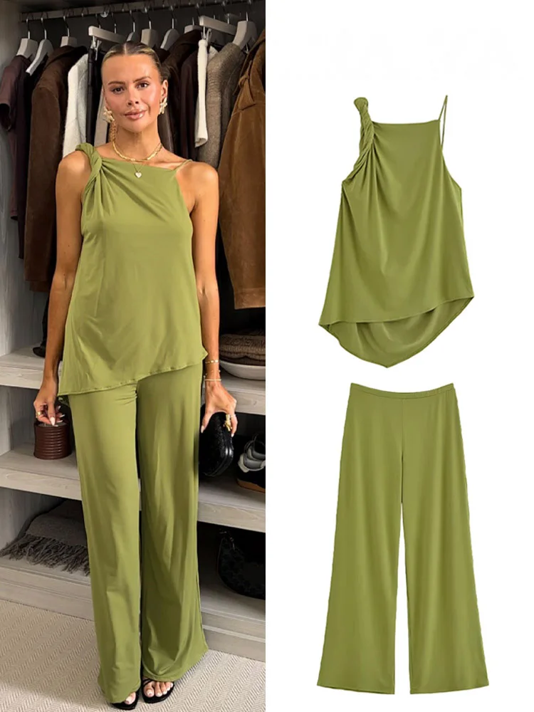 

HH женский шикарный брючный костюм плиссированный асимметричный декор топ без рукавов с открытой спиной + широкие однотонные брюки с эластичной резинкой на талии