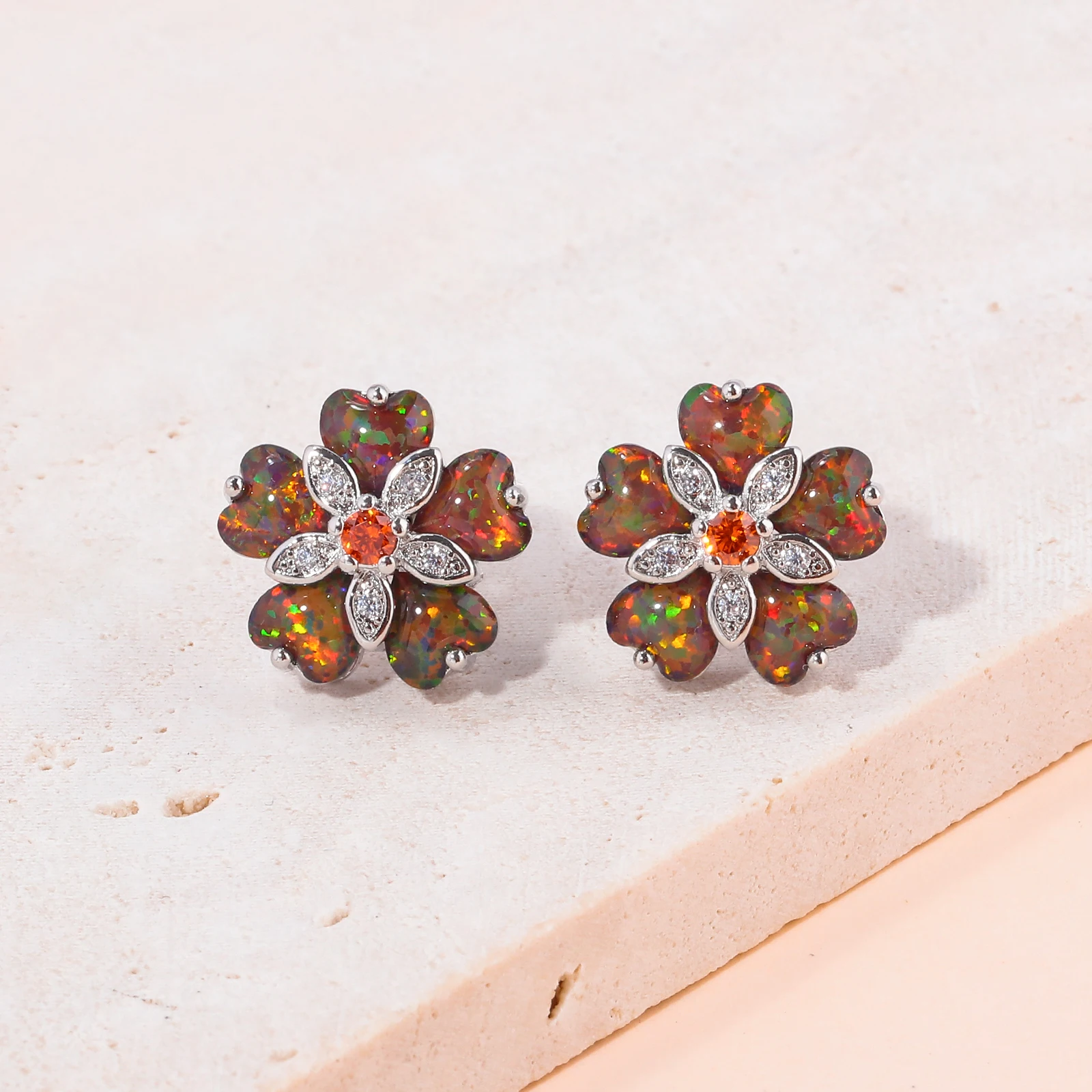 CiNily Purple Fire Opal Stone Stud Earrings for Women Girl Silver Plated Flower Shaped Earring Flora Summer Bohemia Boho Jewelry