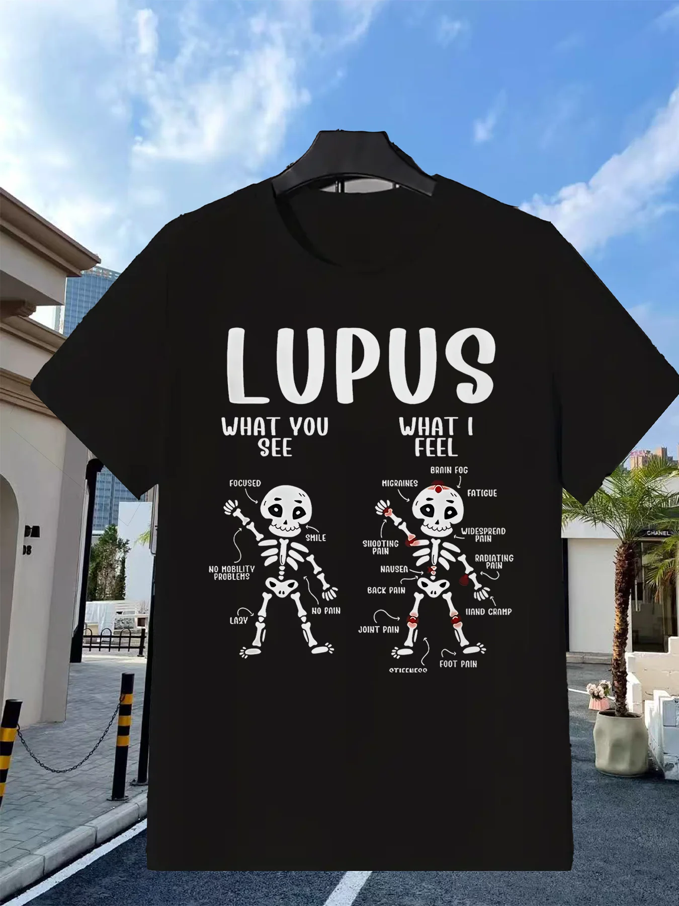 Lupus Awareness T-Shirt | Black Skeleton Comparison What You See What I Feel Lupus Symptoms Graphic Print, Long Sleeve Knit Fabric, Crew Neck, Regular Fit, Perfect for Adults, All-Season, Vintage Style