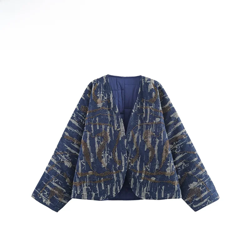 

Women's Denim Sle Beaded ort Coat Loose Fit Long Sve V-Ne Polyester Fiber Polyurethane Leather Autumn New Arrival