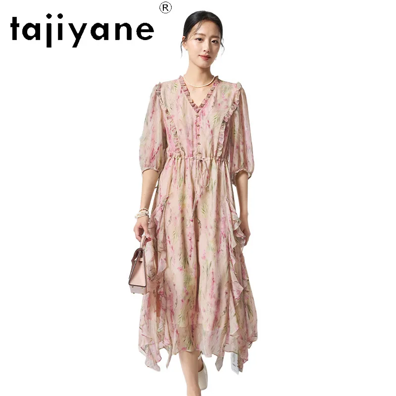 

TAJIYANE 100% Шелковые платья из тутового шелкопряда для женщин, с цветочным принтом, V-образным вырезом, длинное летнее платье с оборками для отпуска, 2026, женская одежда, платья
