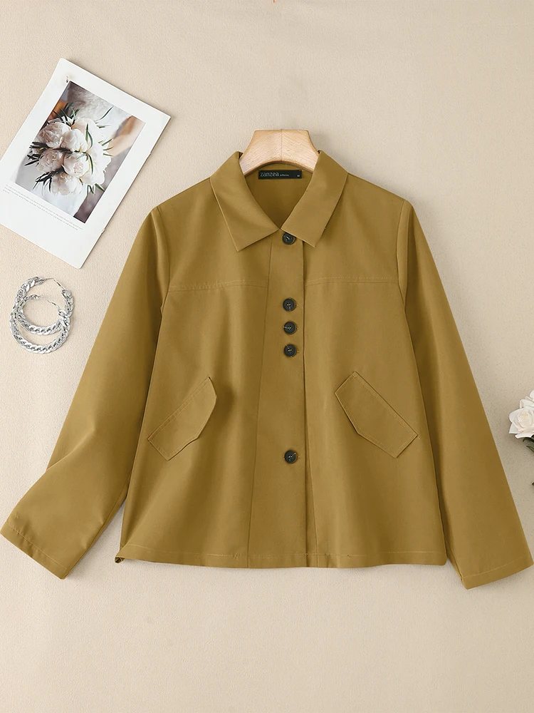 

ZANZEA Women Casual Chic Khaki Jackets Asymmetrical Placket Turn-Down Collar Long Sleeve Coats Fall 2025 New Commuting Wear