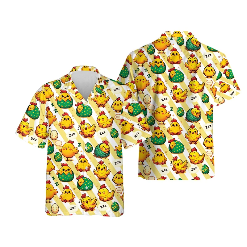 

Funny Cartoon Chicken Graphic Shirts For Men Clothes Casual Hawaiian Rooster Beach Shirt Aloha Button Clothing Eggs Short Sleeve