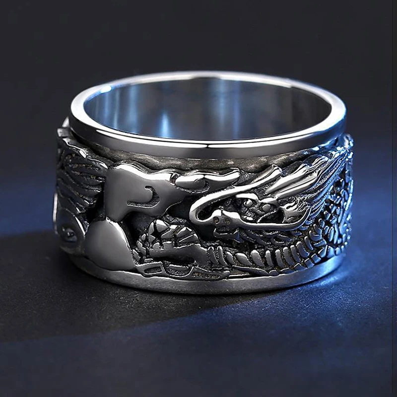 Original design Thai silver carved dragon men\'s ring retro domineering rotatable business style light luxury jewelry