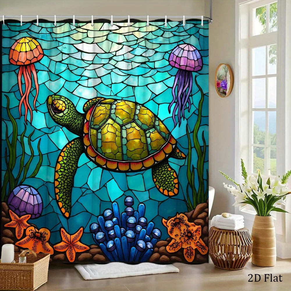 1pc a Shower Curtain Featuring a Sea Turtle in a Stained Glass Design, Adorned with Vibrant Marine Creatures Like Jellyfish And