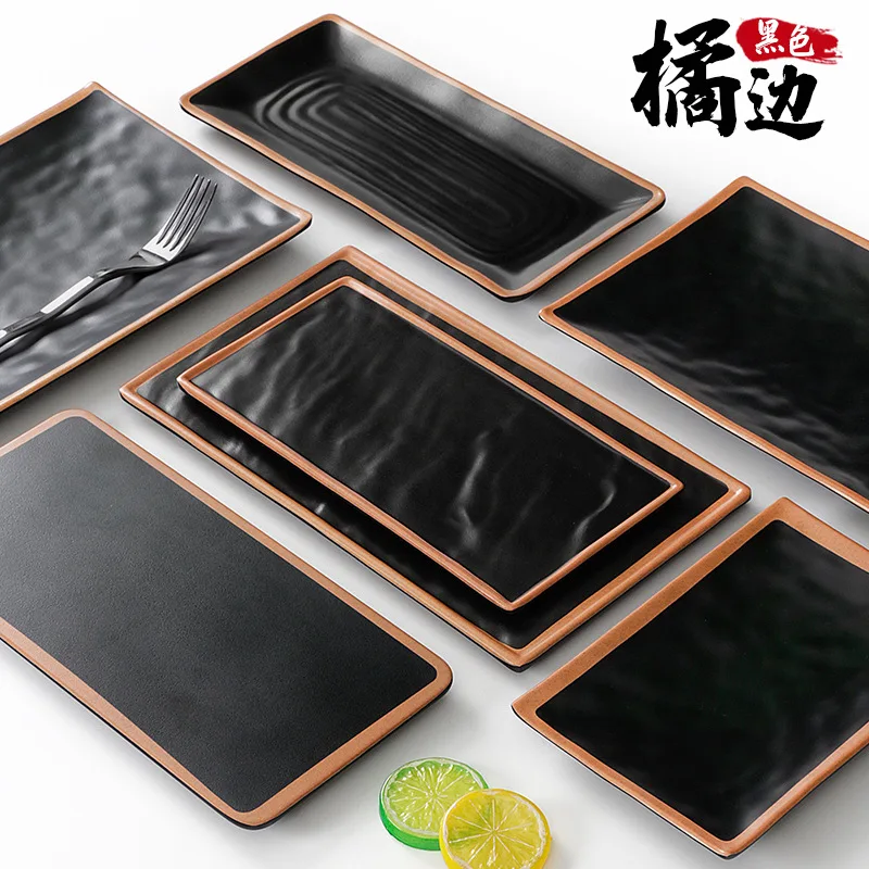 Melamine Tableware Rectangular Black Creative Barbecue Porcelain Imitation Plastic Hot Pot Restaurant Dish Plate