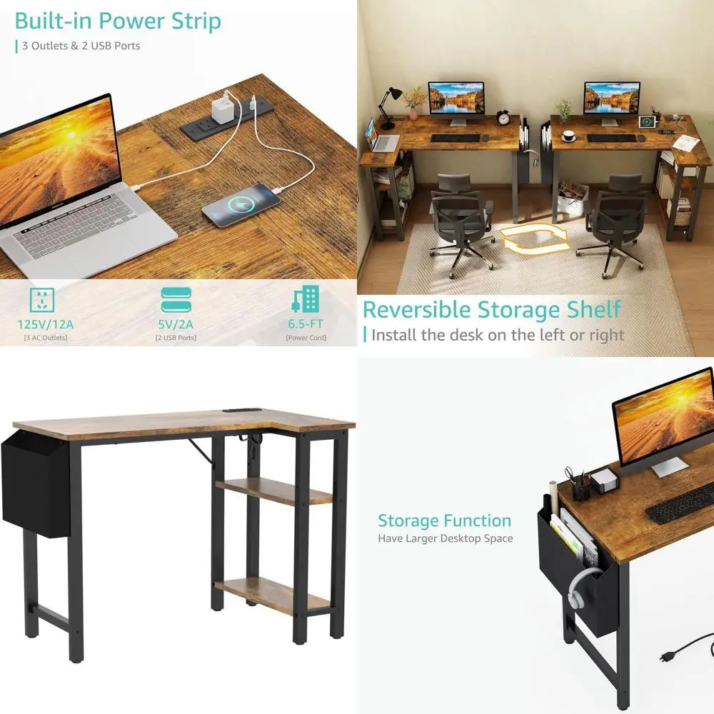 

Rustic Brown 40 L-Shaped Desk with Power Outlet Shelves for Compact Home Office