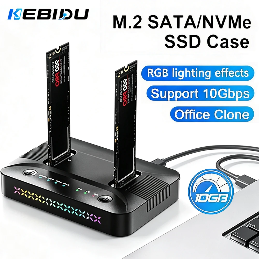 KEBIDU USB3.2 Gen2 Dual Bay M.2 SSD Docking Station Offline Clone Duplicator M.2 NVMe SATA Hard Disk Enclosure Support M.2