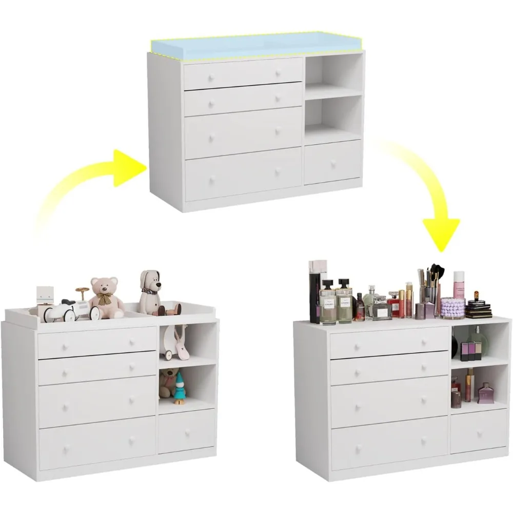 Cassettiera per la cameretta dei bambini, cassettiera bianca per la cameretta con 5 cassetti e ripiani portaoggetti, cassettiera in legno per la cameretta dei bambini