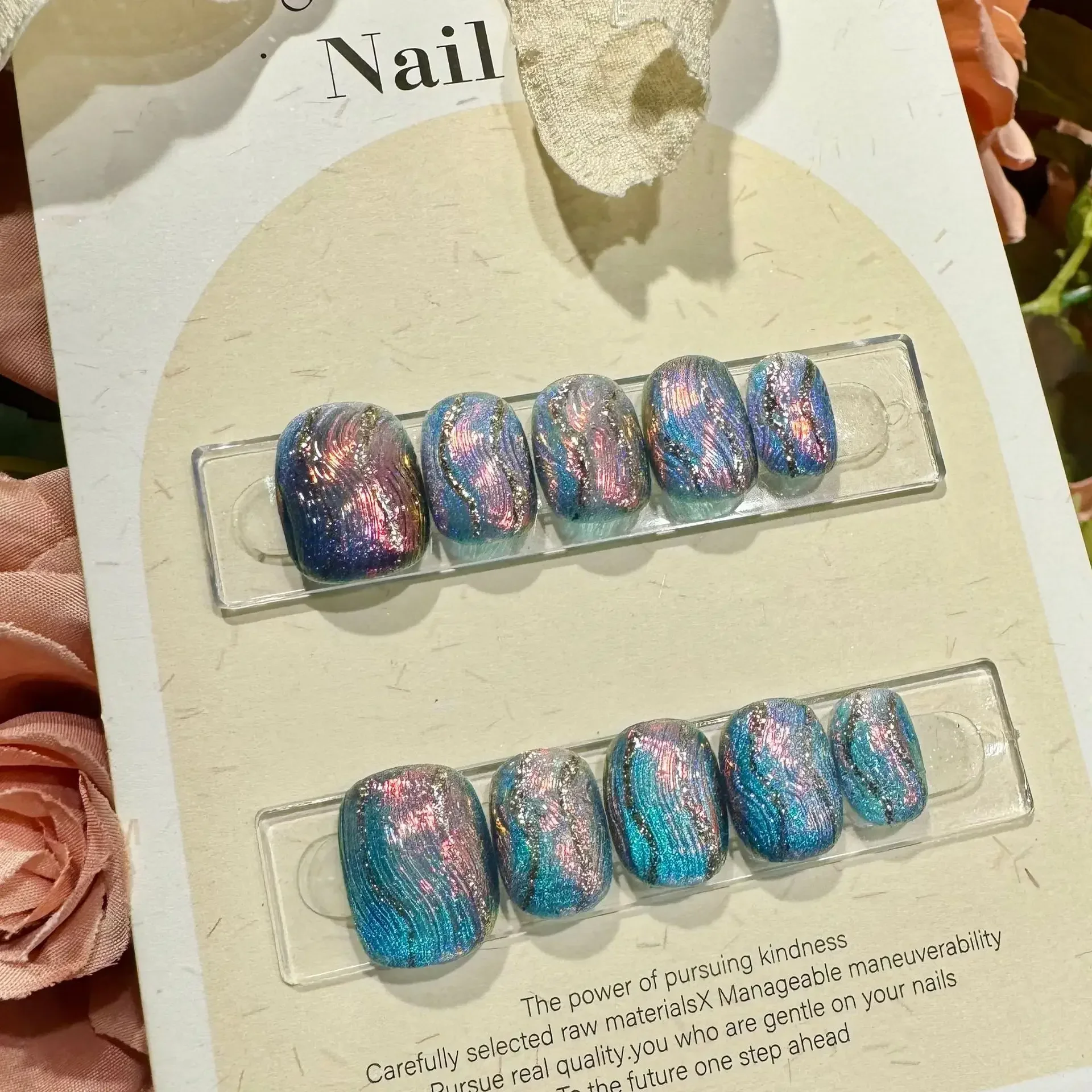 10Pcs Handmade Press on Nails Blue Fake Nails with Fish Pattern Wearable Stick-on Nails Full Cover False Nail Накладные Ногти