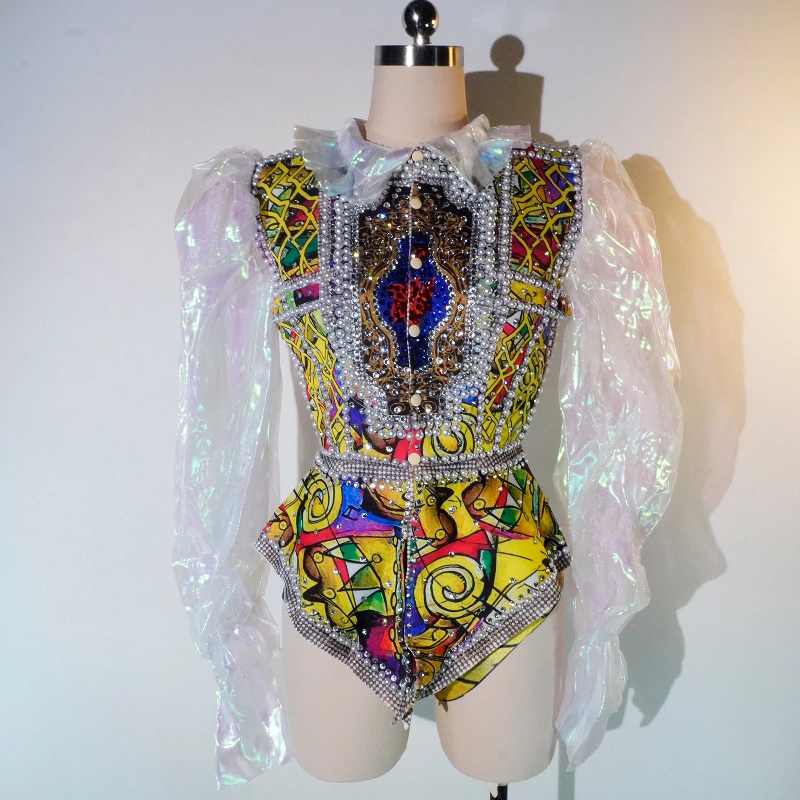 Mulheres puff manga pérola impressão jaqueta shorts conjunto strass bodysuit vintage sexy boate drag queen festival festa traje